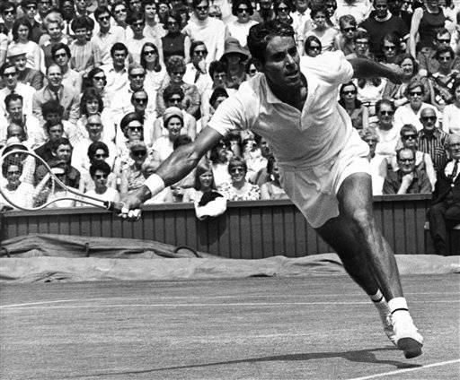 American Pancho Gonzales is seen in action against fellow American Arthur Ashe in the fourth round of the men's singles in the Wimbledon Tennis Championships, London on June 28, 1969. Ashe won 7-5, 4-6, 6-3, 6-3. (AP Photo)